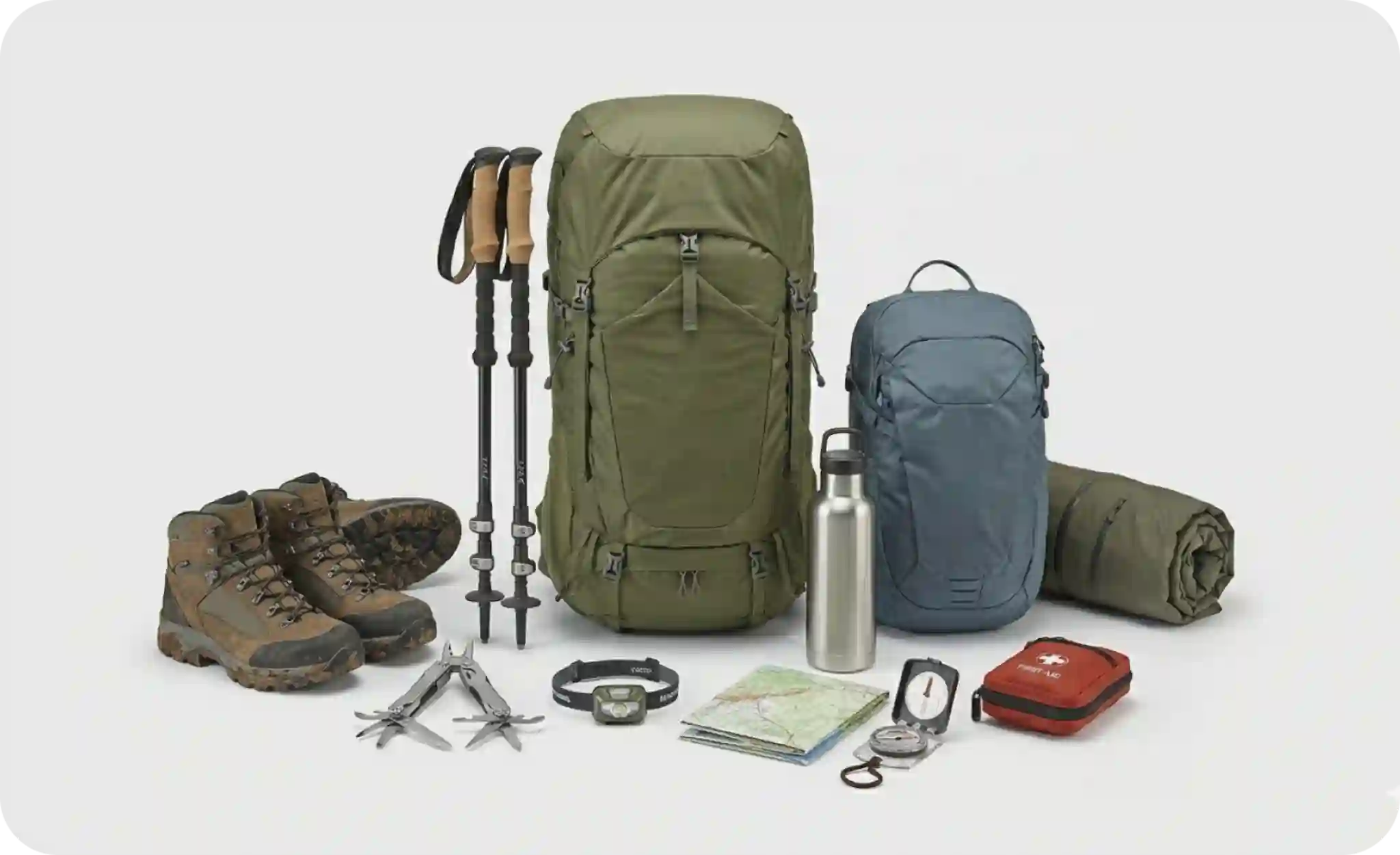 Hiking gear: tas carrier, sepatu, trekking pole