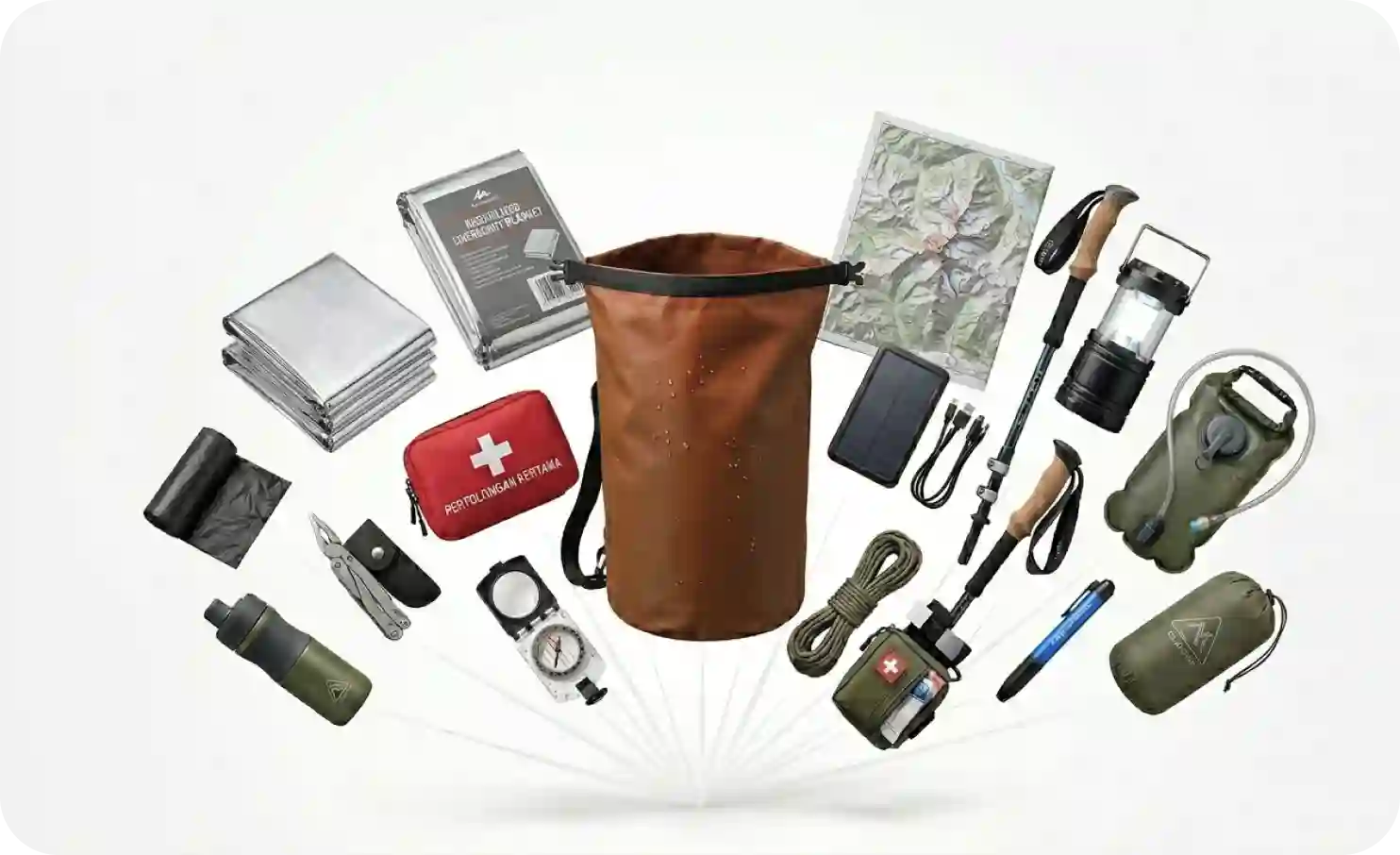 Support kit: P3K, kompas, lantern, hydration